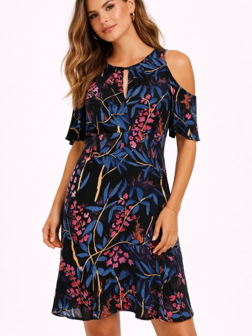 Anthro Maeve Elia Floral Dress 4 Black Cold Shoulder A Line Midi